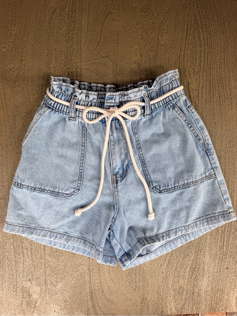 Denim&Co Light Blue Paperbag Waist Jean Shorts with Rope Tie